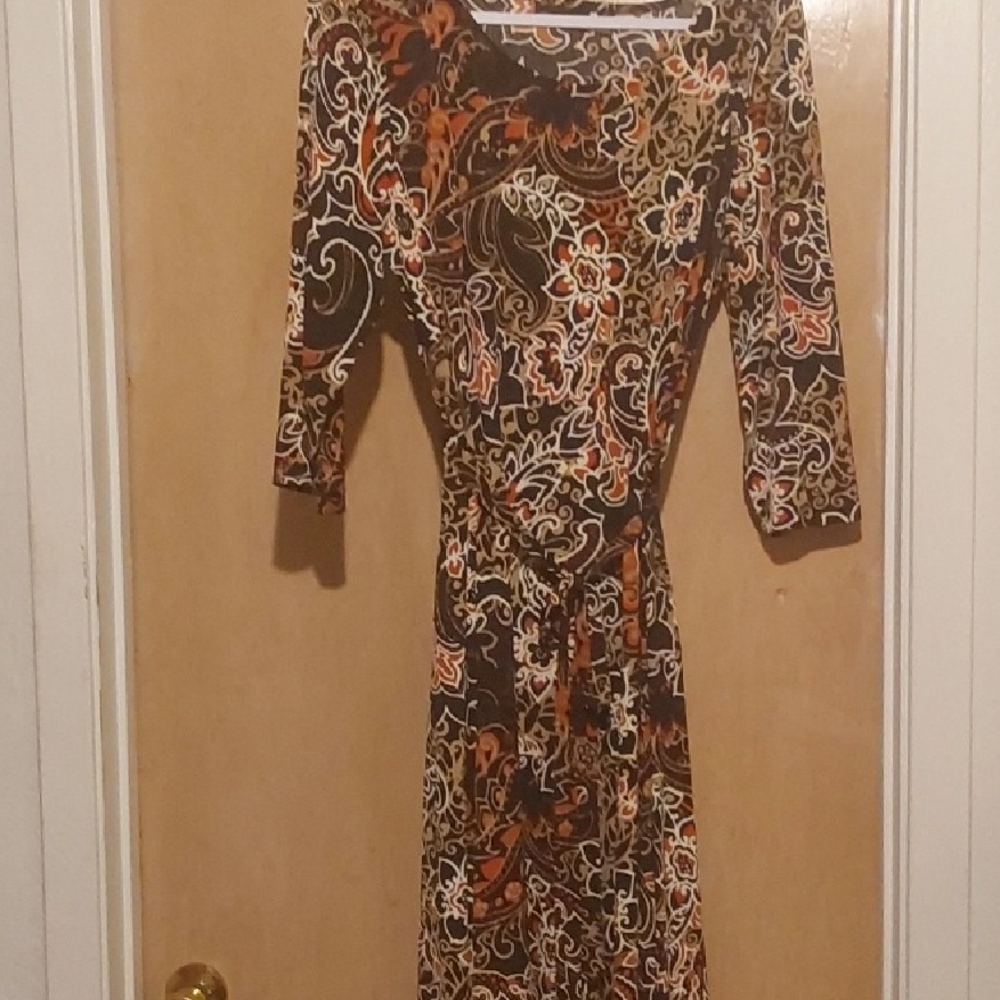 Nina Leonard Orange Brown Sheath Dress 3/4 Sleeve Casual
